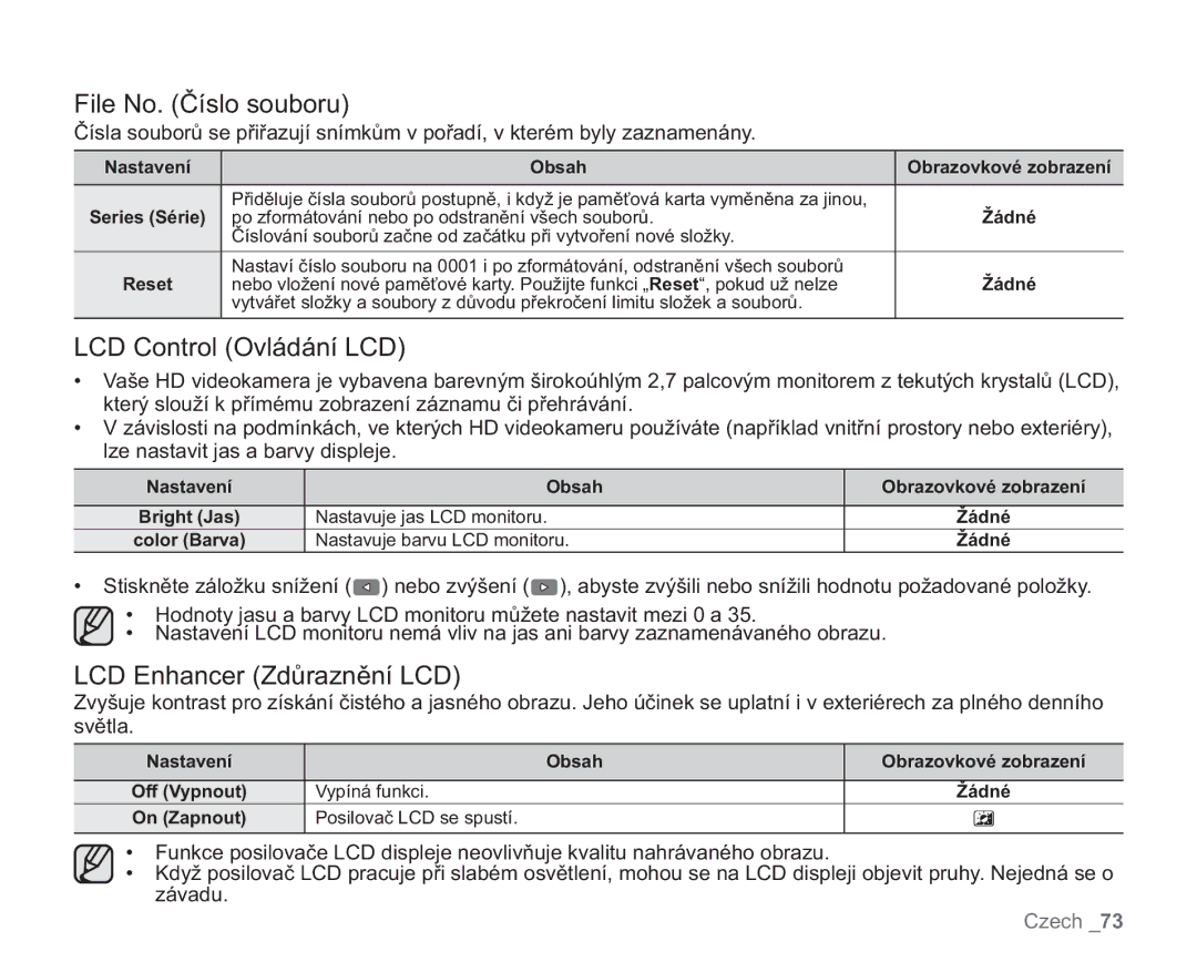 Samsung VP-HMX20C/XEU, VP-HMX20C/EDC manual File No. Číslo souboru, LCD Control Ovládání LCD, LCD Enhancer Zdůraznění LCD 