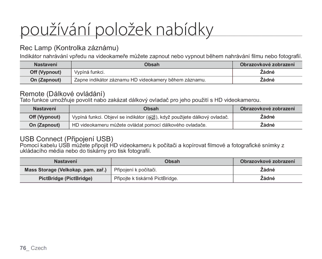 Samsung VP-HMX20C/EDC, VP-HMX20C/XEU manual Rec Lamp Kontrolka záznámu, Remote Dálkové ovládání, USB Connect Připojení USB 