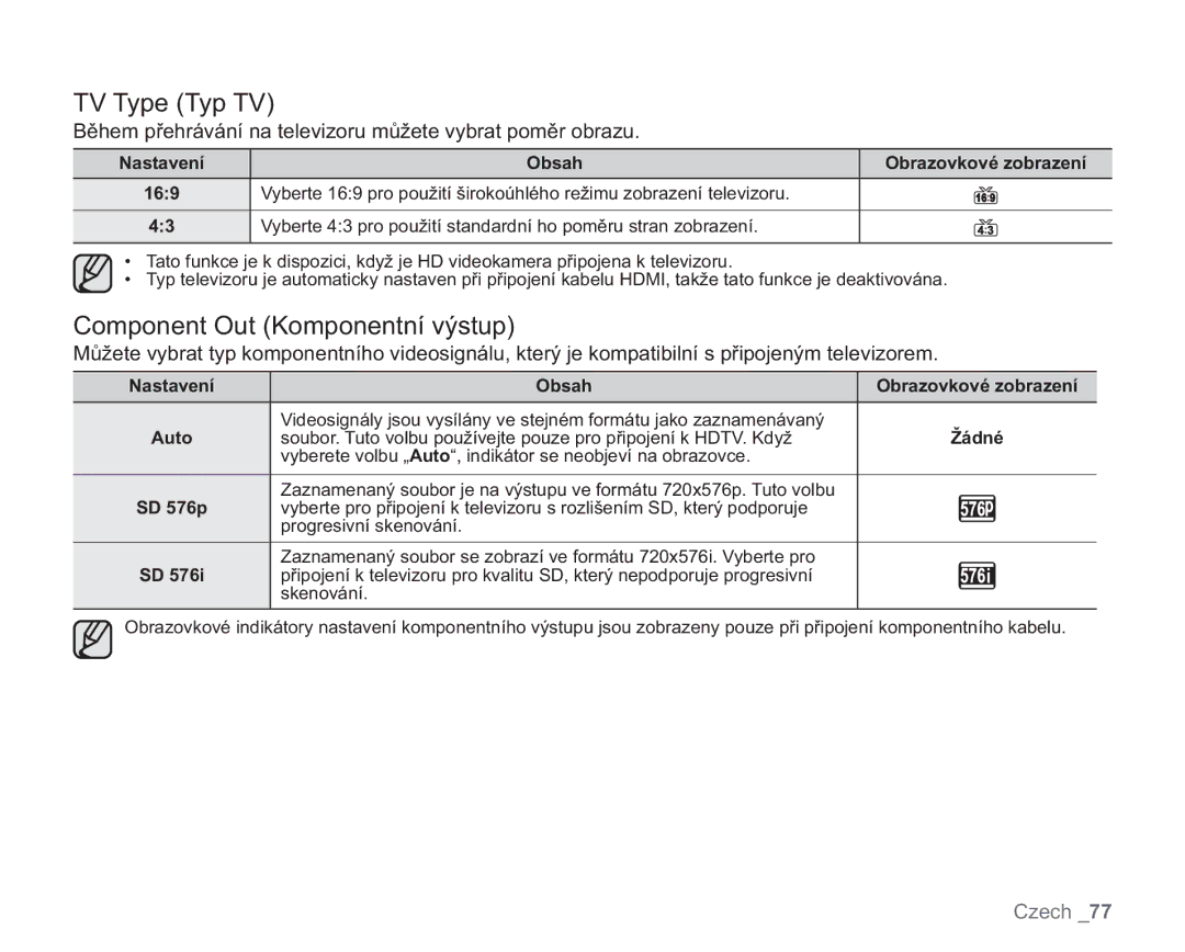 Samsung VP-HMX20C/XEU manual TV Type Typ TV, Component Out Komponentní výstup, Nastavení Obsah Obrazovkové zobrazení Auto 