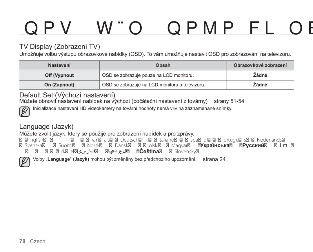 Samsung VP-HMX20C/EDC, VP-HMX20C/XEU manual TV Display Zobrazení TV, Default Set Výchozí nastavení, Language Jazyk 