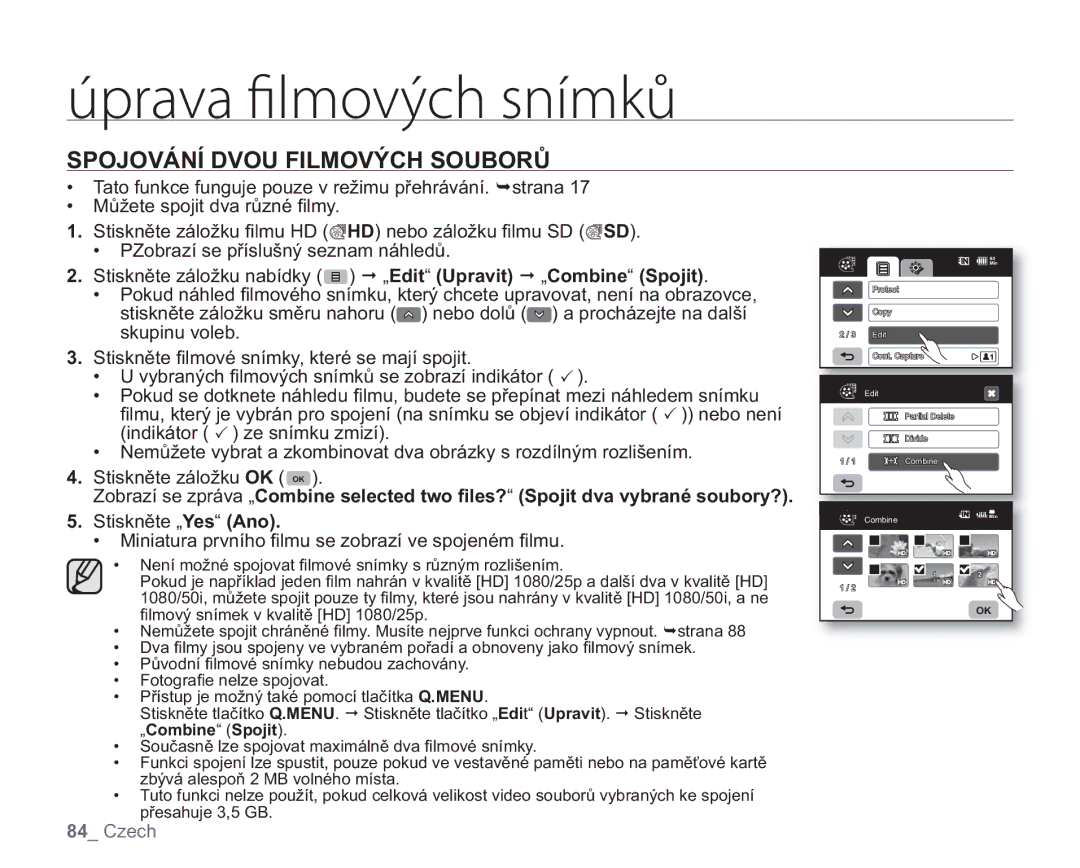 Samsung VP-HMX20C/EDC, VP-HMX20C/XEU Spojování Dvou Filmových Souborů, Indikátor ze snímku zmizí, Stiskněte záložku OK OK 