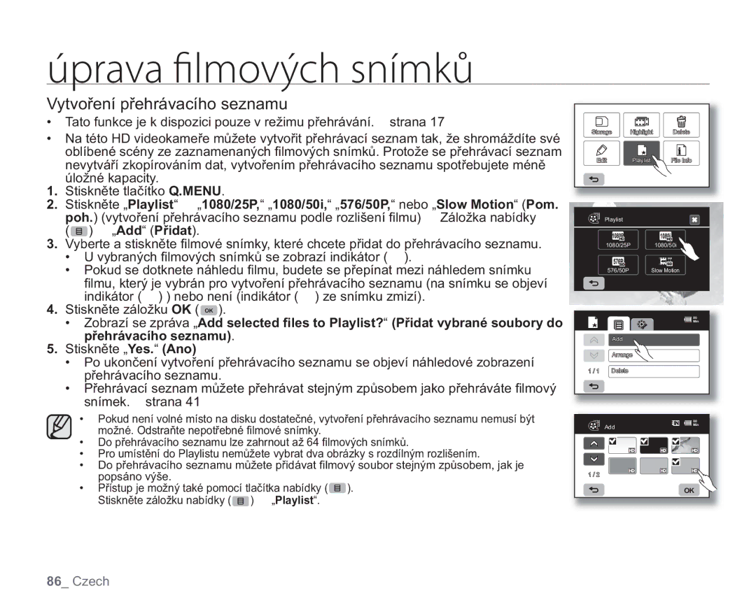 Samsung VP-HMX20C/EDC, VP-HMX20C/XEU manual Vytvoření přehrávacího seznamu 