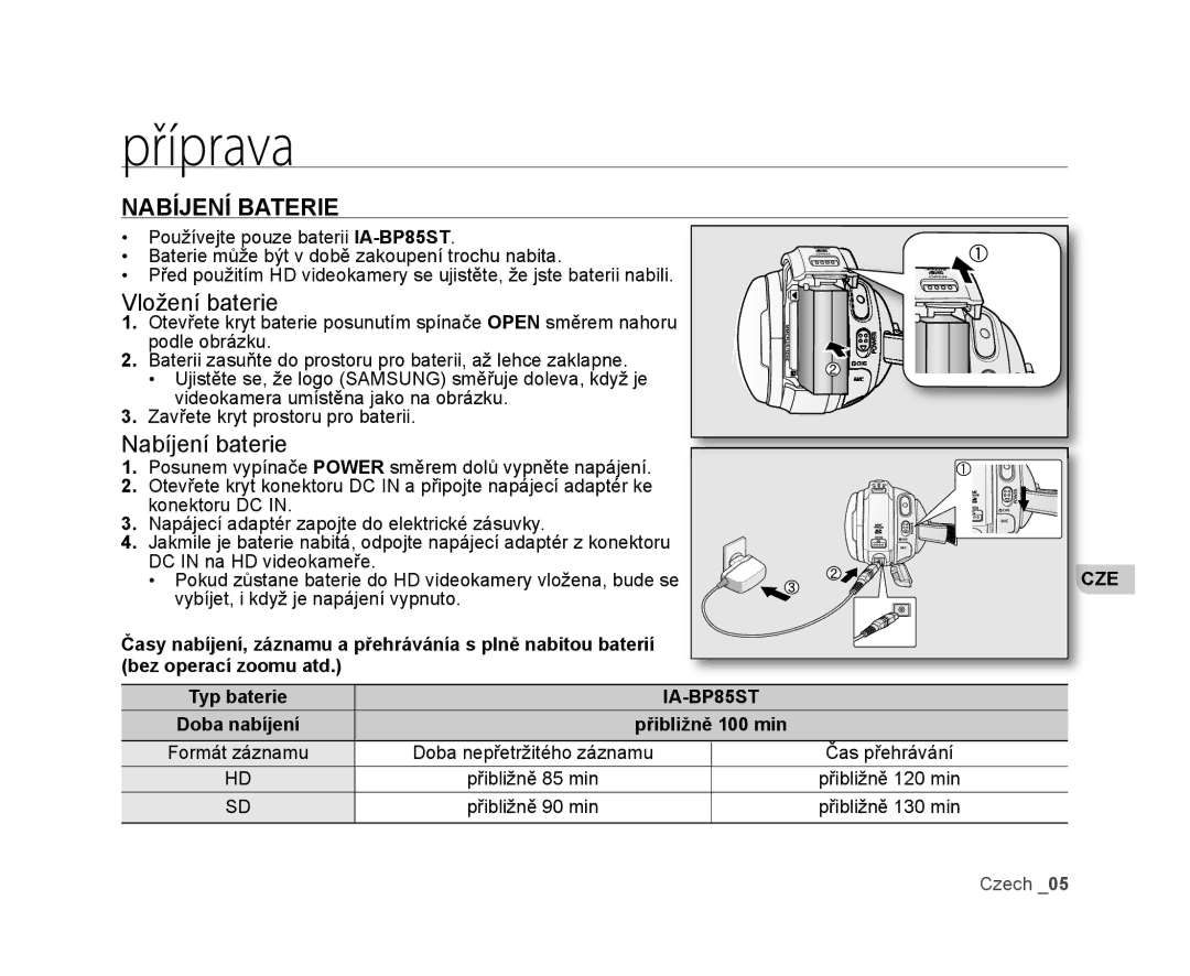 Samsung VP-HMX20C/XEU, VP-HMX20C/EDC manual Příprava, Nabíjení Baterie 