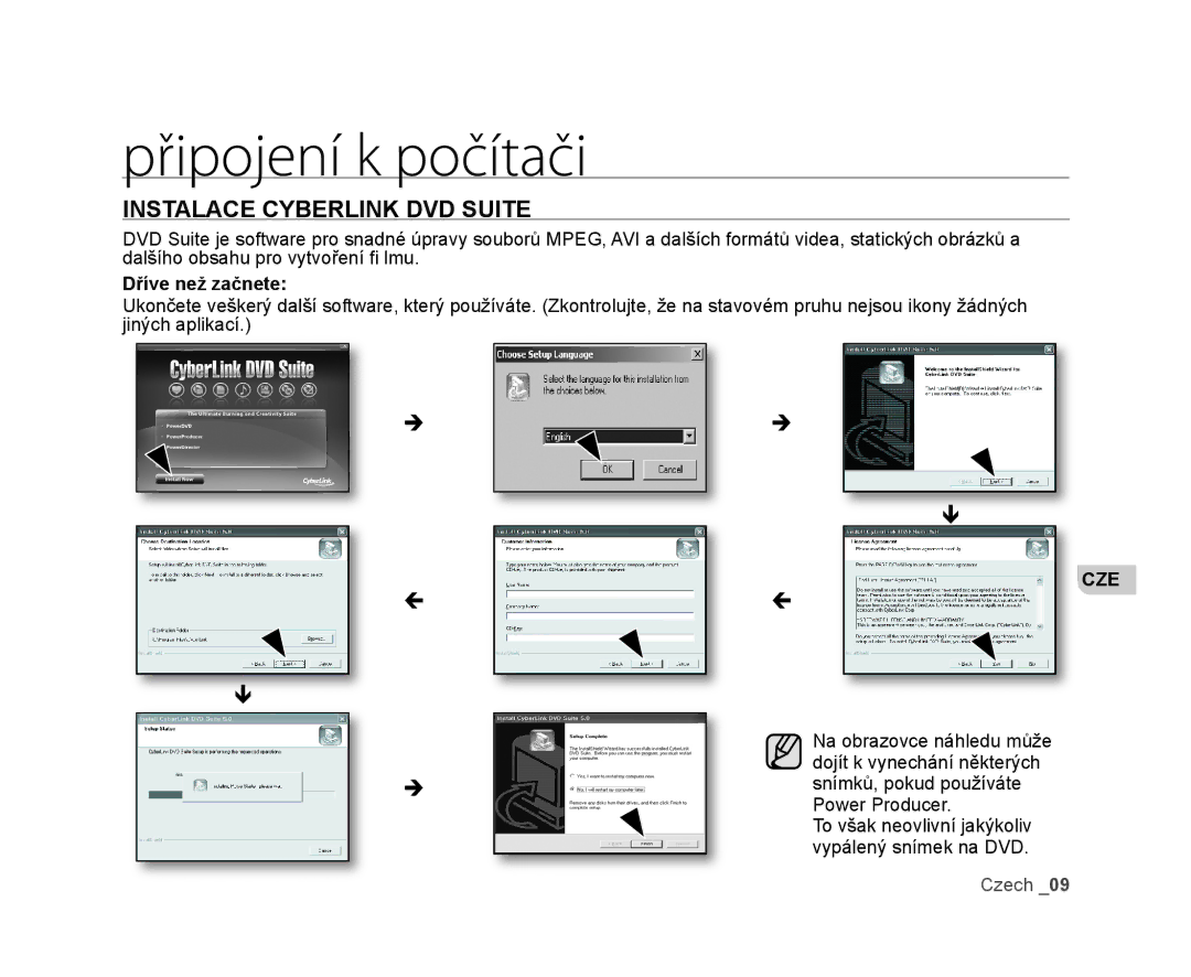 Samsung VP-HMX20C/XEU, VP-HMX20C/EDC manual Připojení k počítači, Instalace Cyberlink DVD Suite 