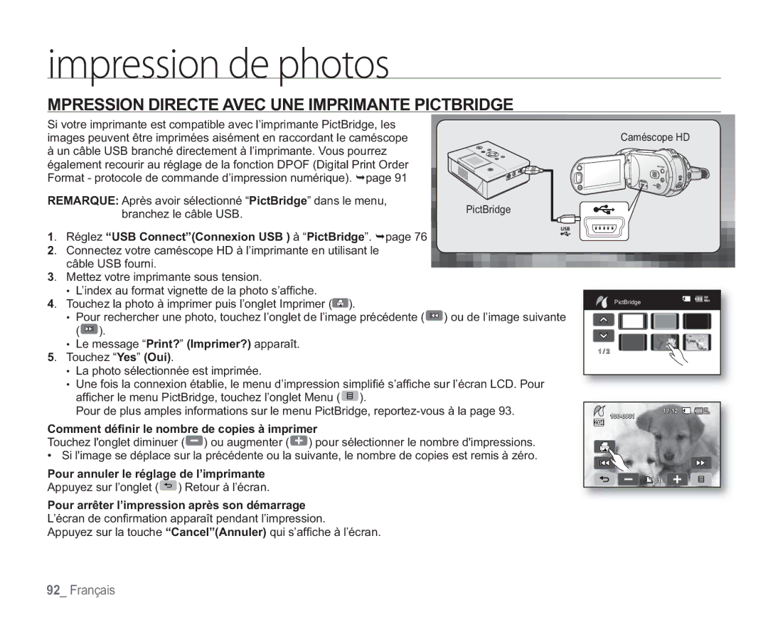 Samsung VP-HMX20C/EDC manual Mpression Directe Avec UNE Imprimante Pictbridge, Réglez USB ConnectConnexion USB à PictBridge 