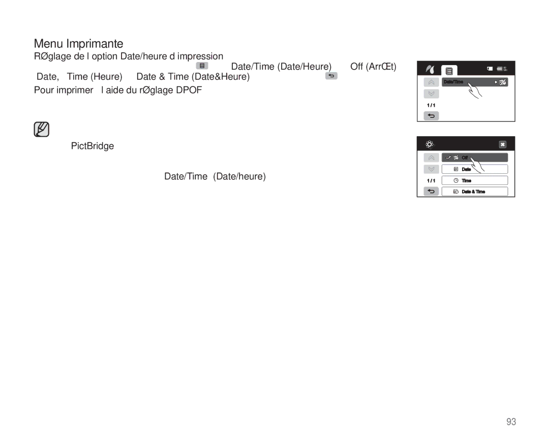 Samsung VP-HMX20C/EDC manual Réglage de l’option Date/heure d’impression, Pour imprimer à l’aide du réglage Dpof 