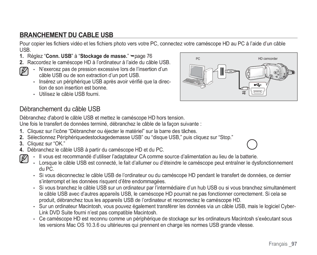 Samsung VP-HMX20C/EDC manual Branchement DU Cable USB, Débranchement du câble USB, Réglez Conn. USB à Stockage de masse 