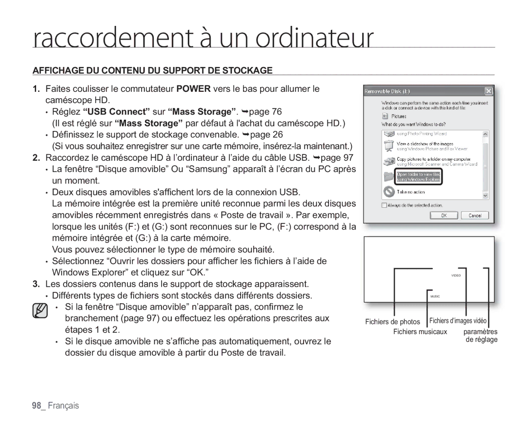 Samsung VP-HMX20C/EDC manual Affichage DU Contenu DU Support DE Stockage, Réglez USB Connect sur Mass Storage 