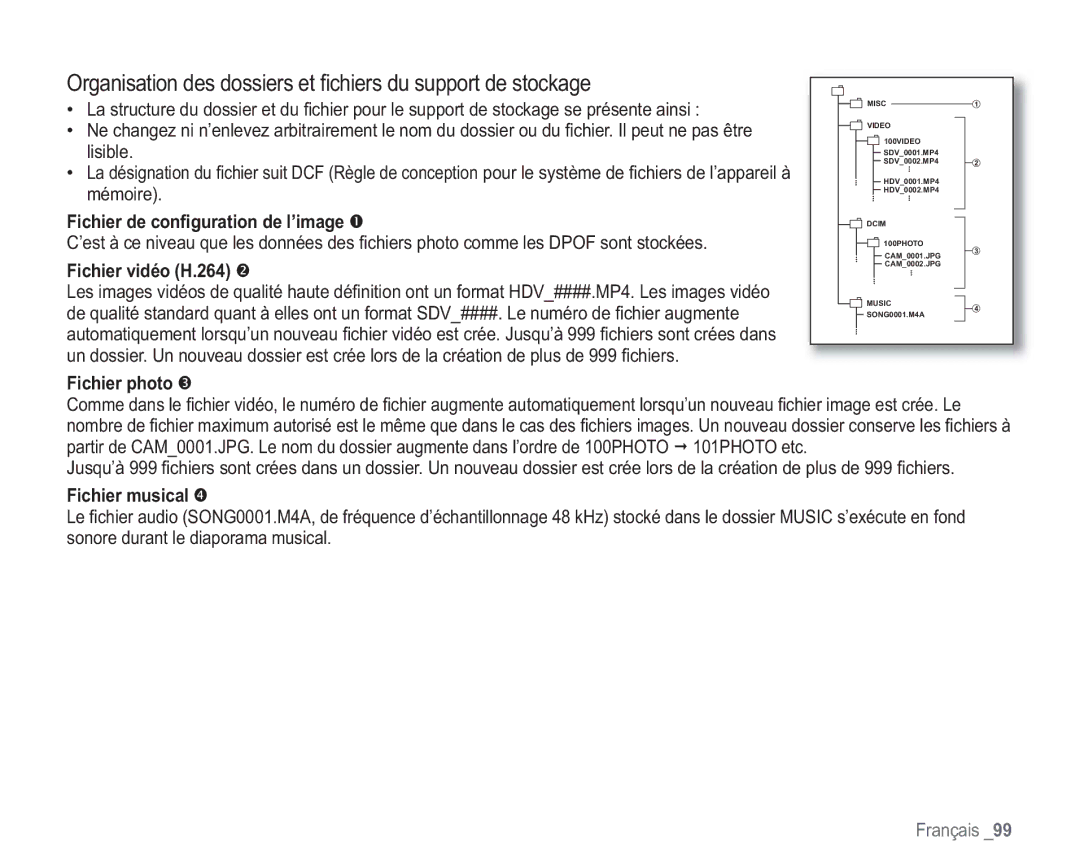 Samsung VP-HMX20C/EDC manual Fichier de conﬁ guration de l’image, Fichier vidéo H.264, Fichier photo, Fichier musical 