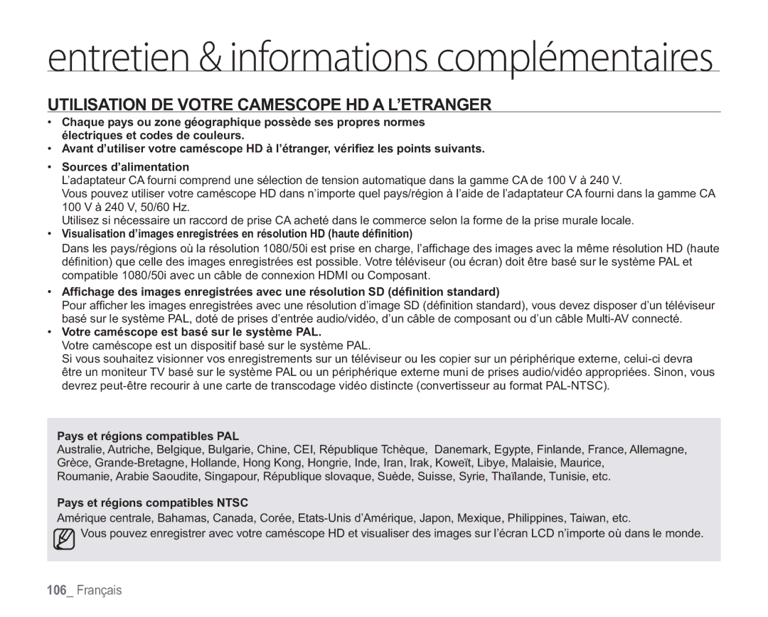 Samsung VP-HMX20C/EDC manual Utilisation DE Votre Camescope HD a L’ETRANGER, Votre caméscope est basé sur le système PAL 