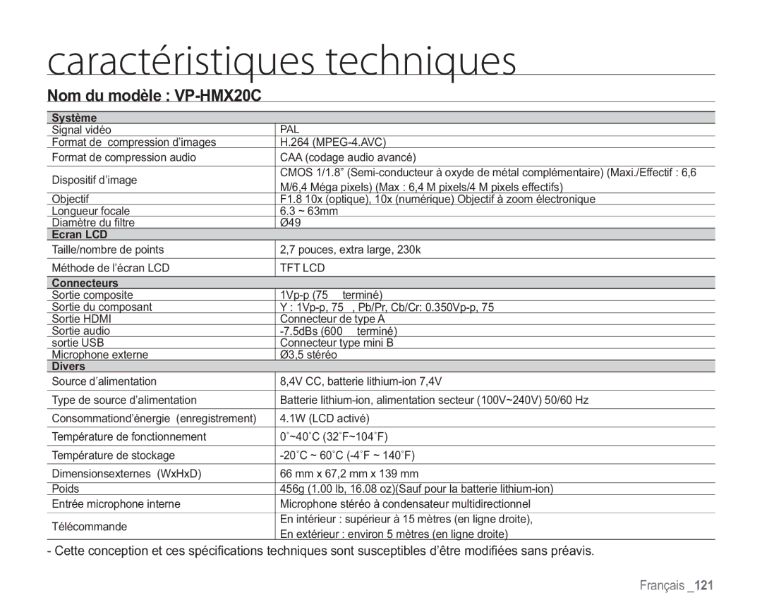 Samsung VP-HMX20C/EDC manual DbsbduïsjtujrvftUfdiojrvft, Système, Ecran LCD, Connecteurs, Divers 