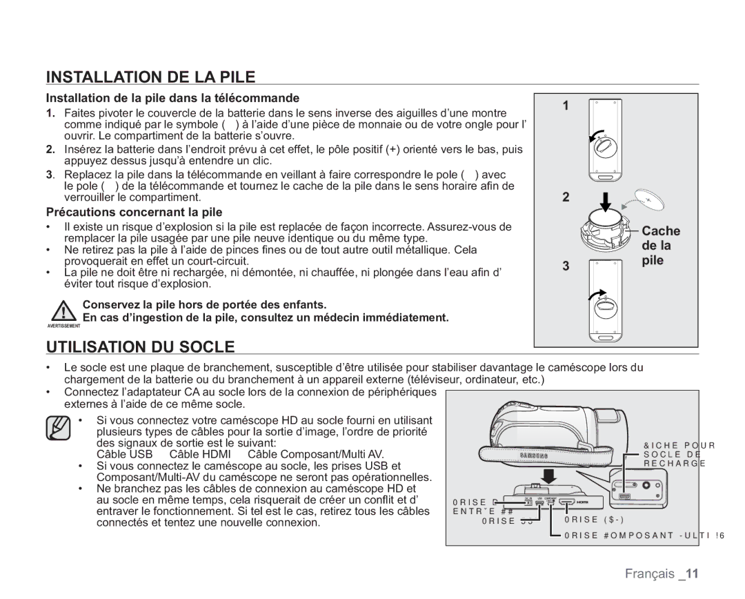 Samsung VP-HMX20C/EDC manual Installation DE LA Pile, Utilisation DU Socle, Cache De la Pile 