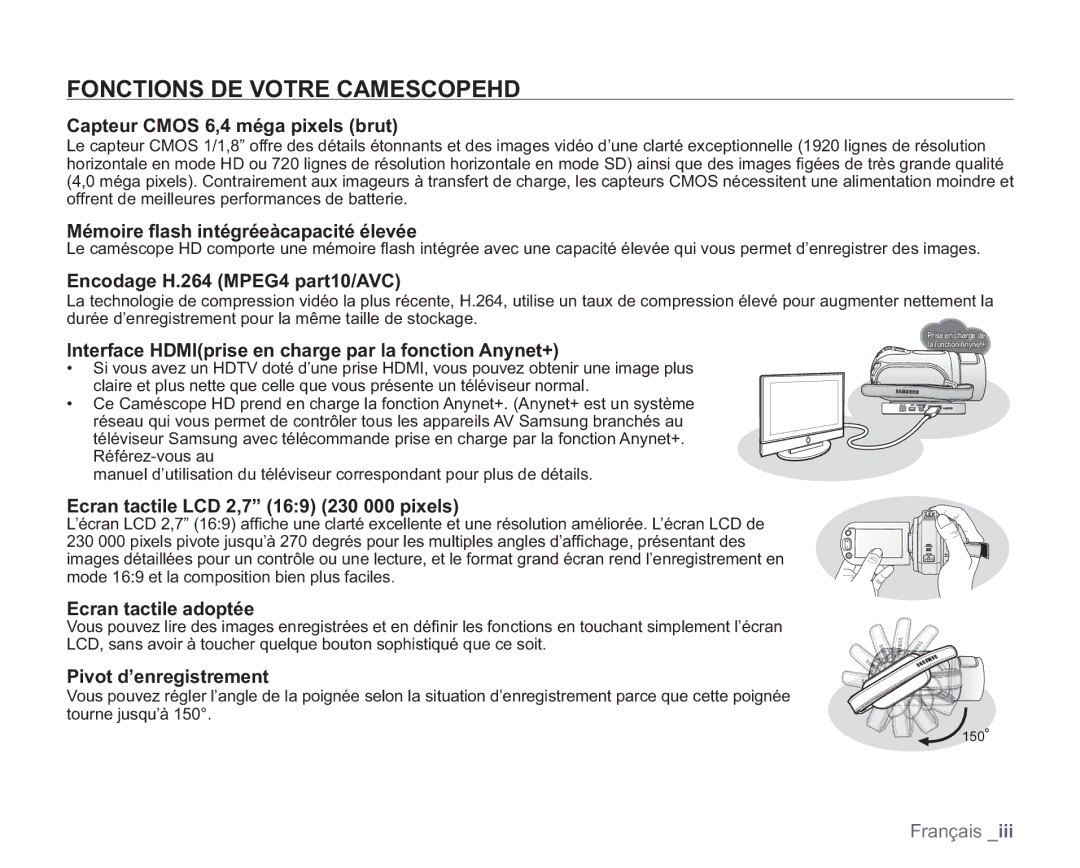 Samsung VP-HMX20C/EDC manual Fonctions DE Votre Camescopehd 