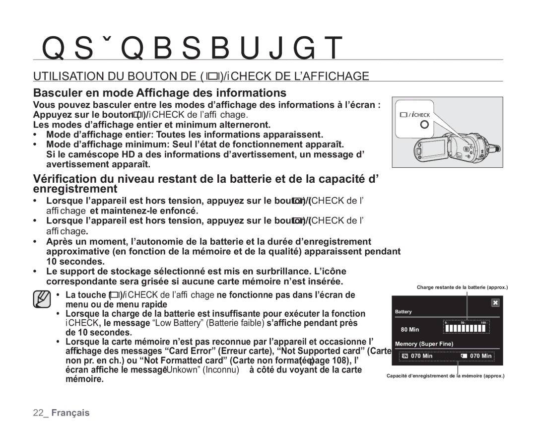 Samsung VP-HMX20C/EDC manual Utilisation DU Bouton DE /iCHECK DE L’AFFICHAGE, Basculer en mode Afﬁ chage des informations 