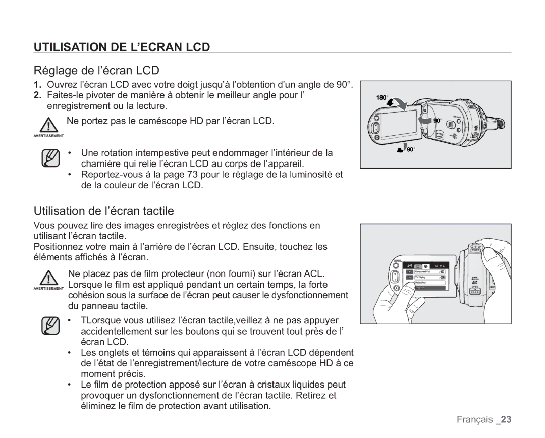 Samsung VP-HMX20C/EDC manual Utilisation DE L’ECRAN LCD, Réglage de l’écran LCD, Utilisation de l’écran tactile 