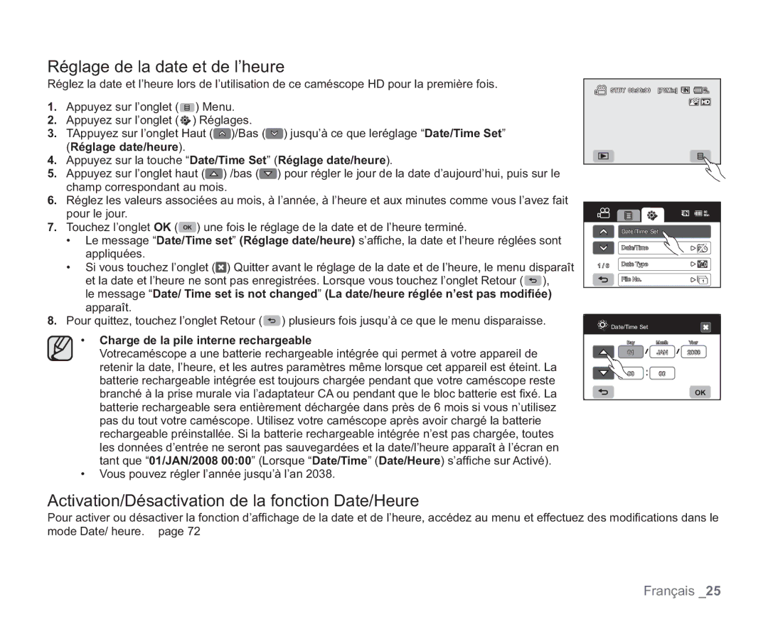 Samsung VP-HMX20C/EDC manual Réglage de la date et de l’heure, Activation/Désactivation de la fonction Date/Heure 