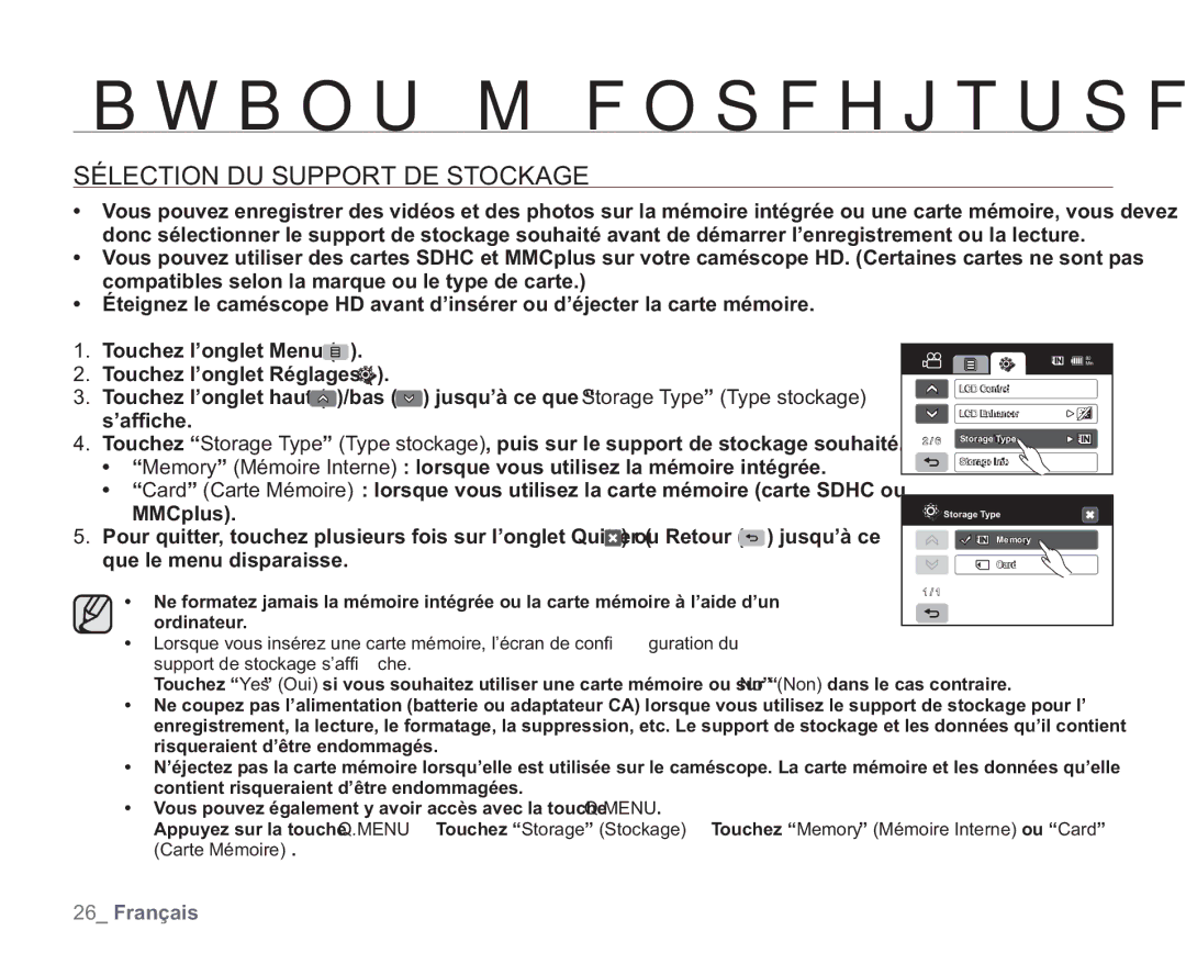 Samsung VP-HMX20C/EDC manual BwbouMFosfhjtusfnfou, Sélection DU Support DE Stockage 