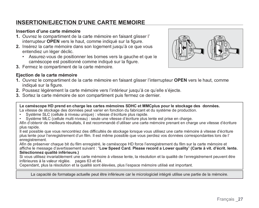 Samsung VP-HMX20C/EDC INSERTION/EJECTION D’UNE Carte Memoire, Insertion d’une carte mémoire, Ejection de la carte mémoire 