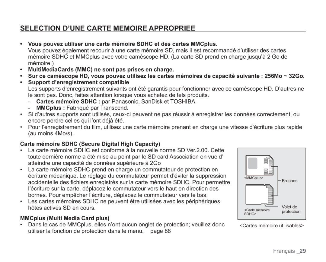 Samsung VP-HMX20C/EDC manual Selection D’UNE Carte Memoire Appropriee, Carte mémoire Sdhc Secure Digital High Capacity 