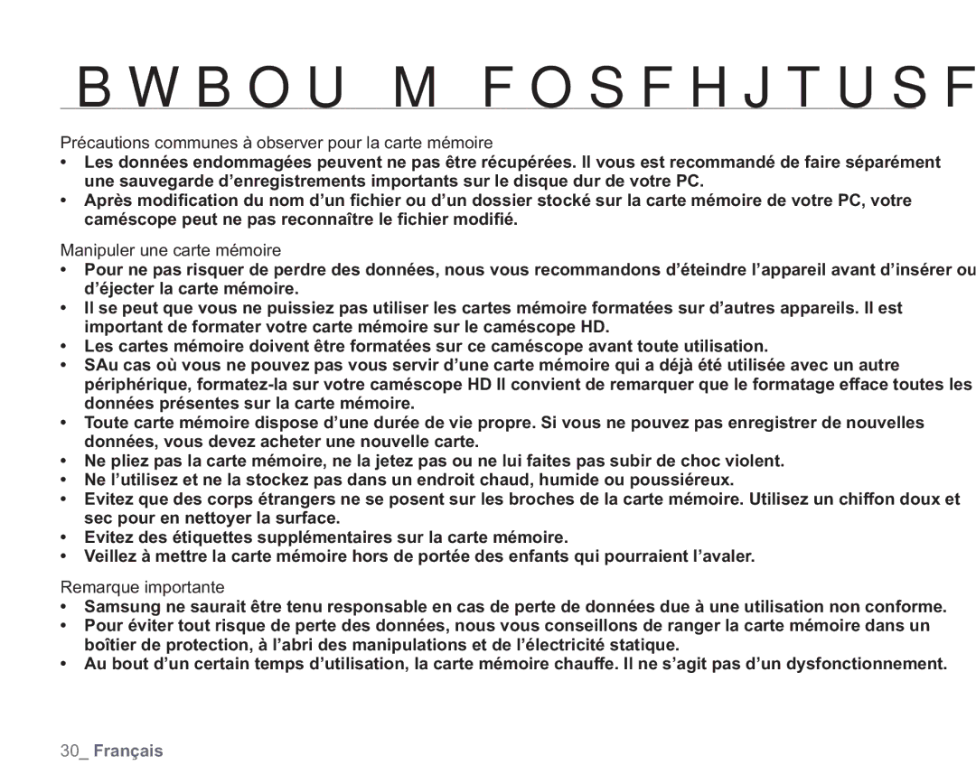 Samsung VP-HMX20C/EDC manual Précautions communes à observer pour la carte mémoire, Manipuler une carte mémoire 