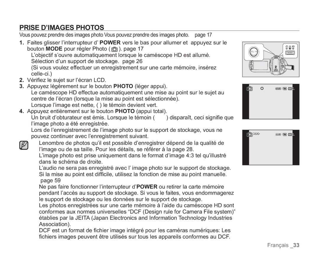 Samsung VP-HMX20C/EDC manual Prise D’IMAGES Photos 