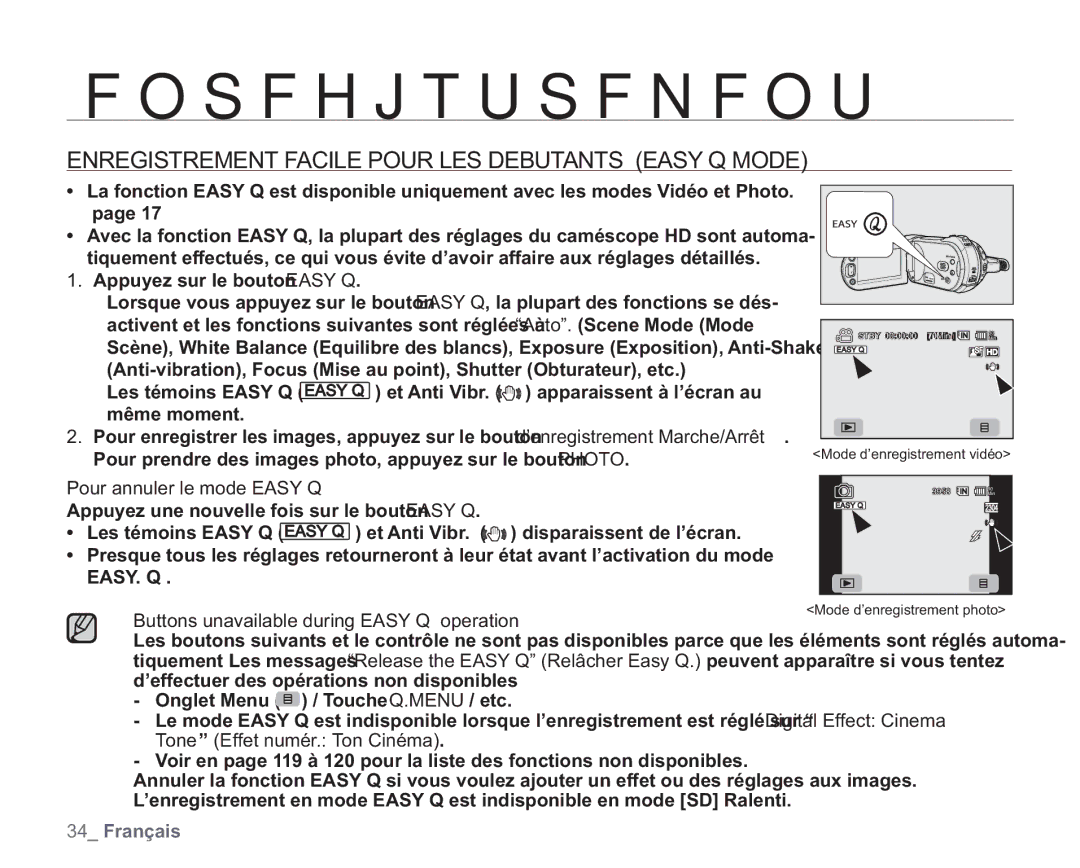 Samsung VP-HMX20C/EDC manual Enregistrement Facile Pour LES Debutants Easy Q Mode, Pour annuler le mode Easy Q 