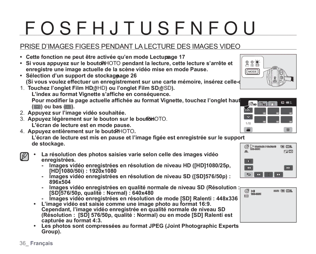 Samsung VP-HMX20C/EDC manual Prise D’IMAGES Figees Pendant LA Lecture DES Images Video 