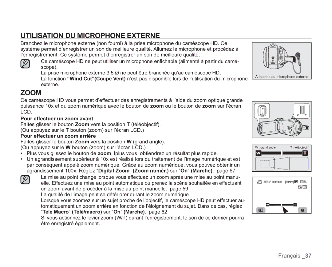 Samsung VP-HMX20C/EDC manual Utilisation DU Microphone Externe, Zoom, Pour effectuer un zoom avant 