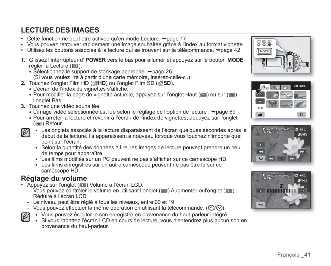 Samsung VP-HMX20C/EDC manual Lecture DES Images, Réglage du volume 