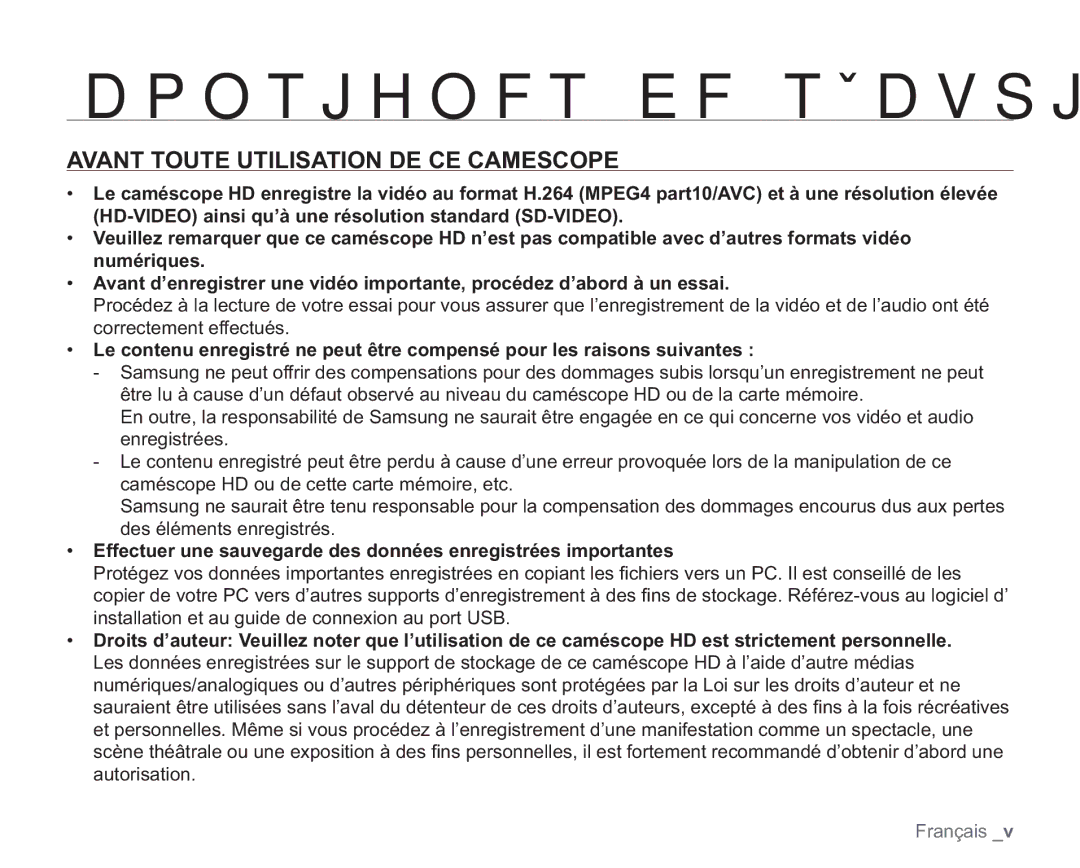 Samsung VP-HMX20C/EDC manual DpotjhoftEfTïdvsjuïJnqpsubouft, Avant Toute Utilisation DE CE Camescope 