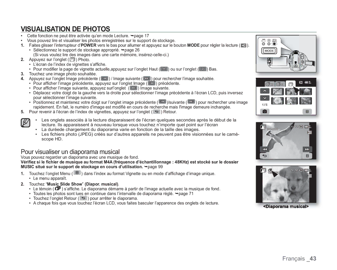 Samsung VP-HMX20C/EDC manual Visualisation DE Photos, Pour visualiser un diaporama musical 