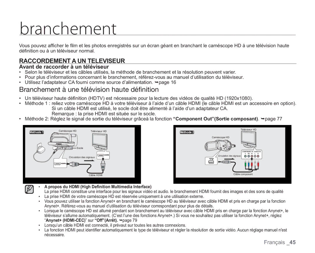 Samsung VP-HMX20C/EDC manual Csbodifnfou, Ranchementhìeuneetïlïvision Haute DÏl Nition, Avant de raccorder à un téléviseur 