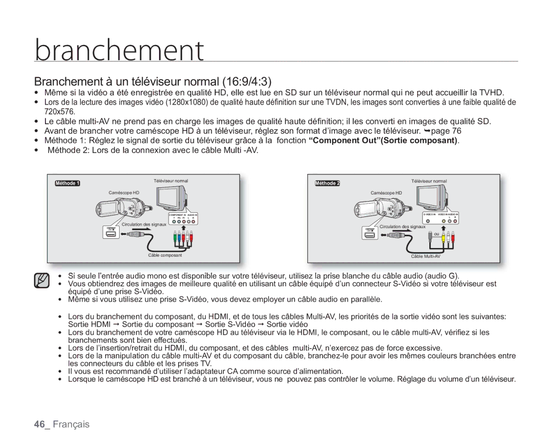 Samsung VP-HMX20C/EDC manual Branchement à un téléviseur normal 169/43 