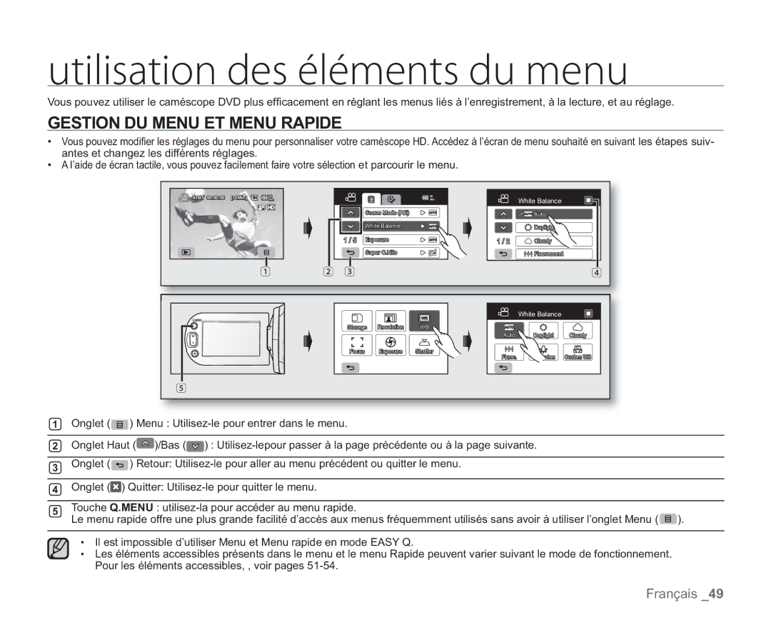 Samsung VP-HMX20C/EDC manual VujmjtbujpoEftÏmïnfoutEvNfov, Gestion DU Menu ET Menu Rapide 