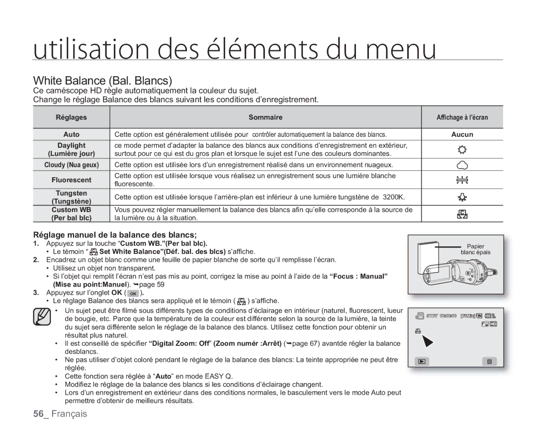 Samsung VP-HMX20C/EDC manual White Balance Bal. Blancs, Réglage manuel de la balance des blancs 