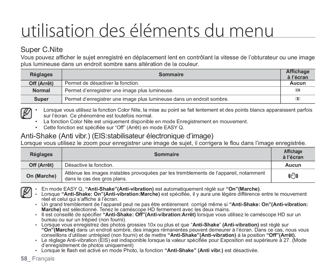 Samsung VP-HMX20C/EDC manual Anti-Shake Anti vibr. EISstabilisateur électronique d’image, Réglages Sommaire Afﬁchage 