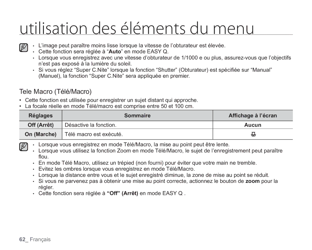 Samsung VP-HMX20C/EDC manual Tele Macro Télé/Macro, Réglages Sommaire Afﬁchage à l’écran, Désactive la fonction 