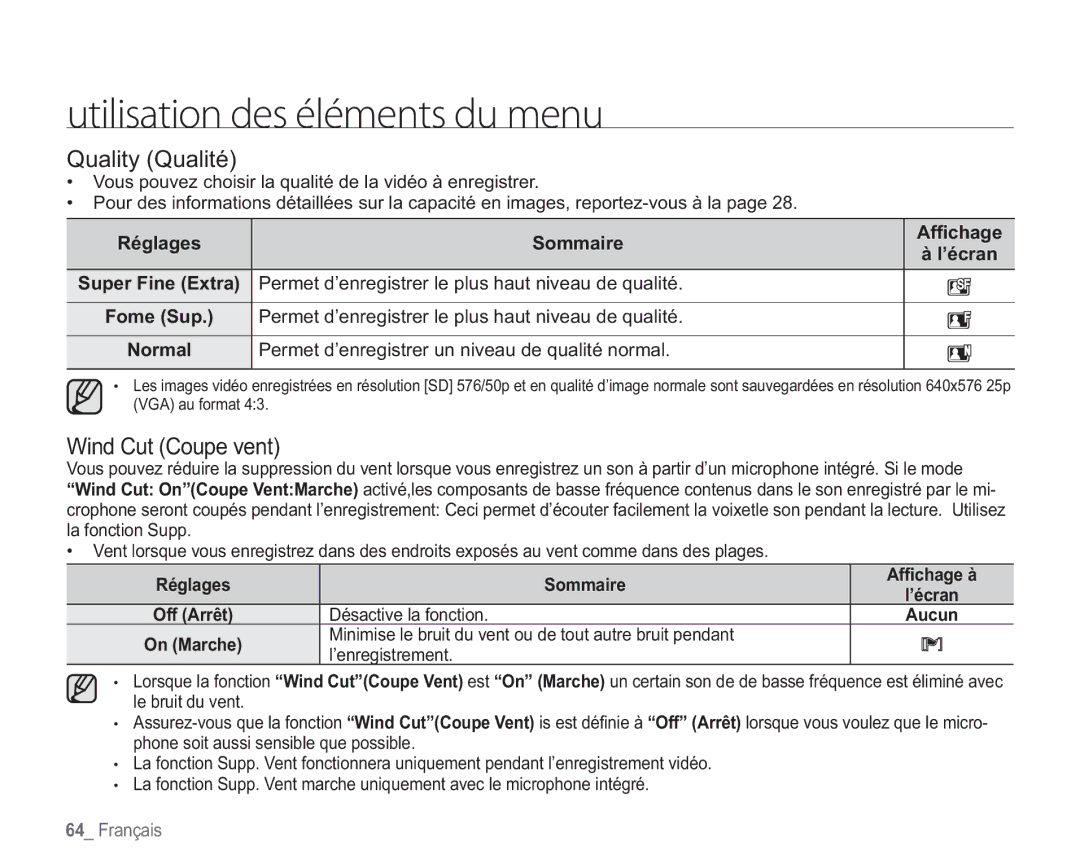 Samsung VP-HMX20C/EDC manual Quality Qualité, Wind Cut Coupe vent, Réglages Sommaire, Afﬁchage ’écran 