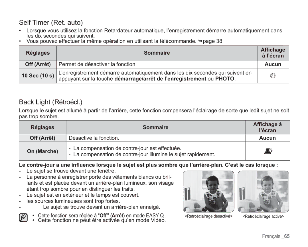 Samsung VP-HMX20C/EDC manual Self Timer Ret. auto, Back Light Rétroécl, Réglages Sommaire Afﬁchage 