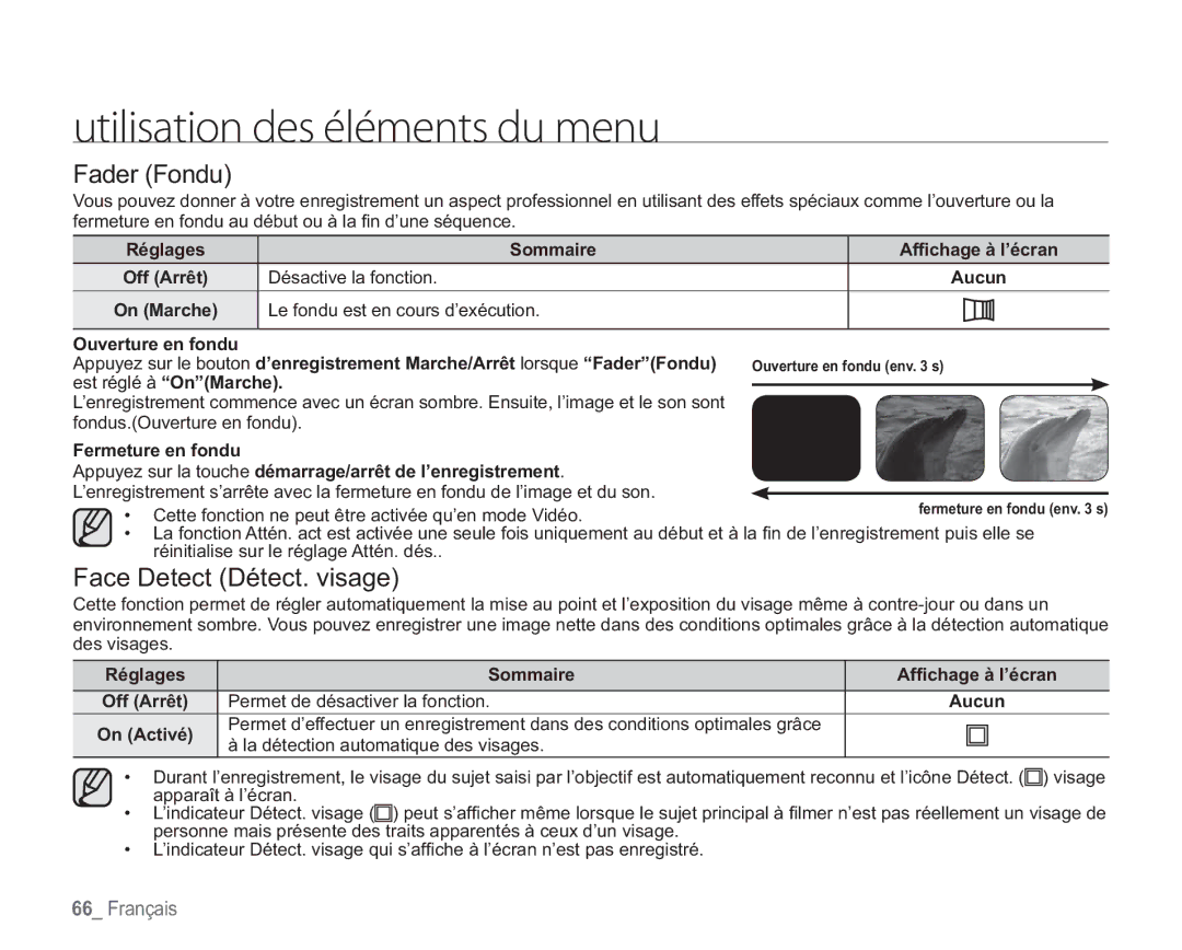 Samsung VP-HMX20C/EDC manual Fader Fondu, Face Detect Détect. visage 