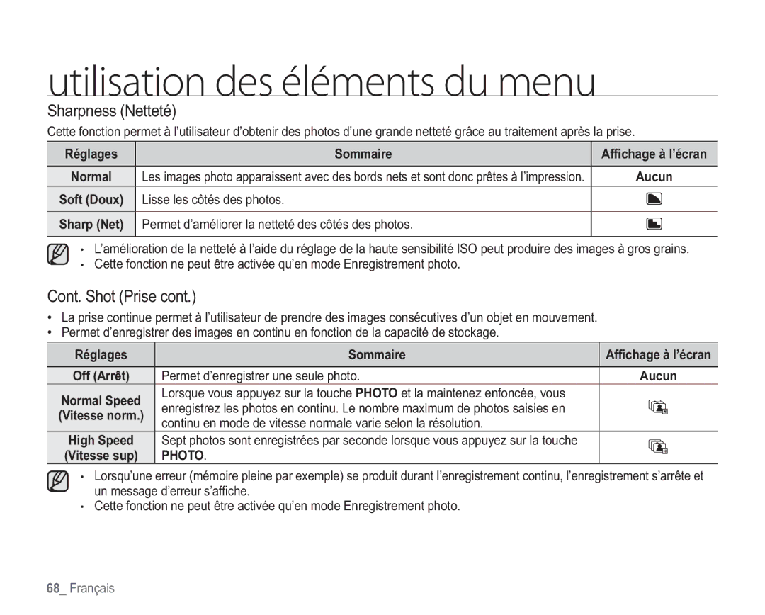 Samsung VP-HMX20C/EDC manual Sharpness Netteté, Cont. Shot Prise, Lisse les côtés des photos 