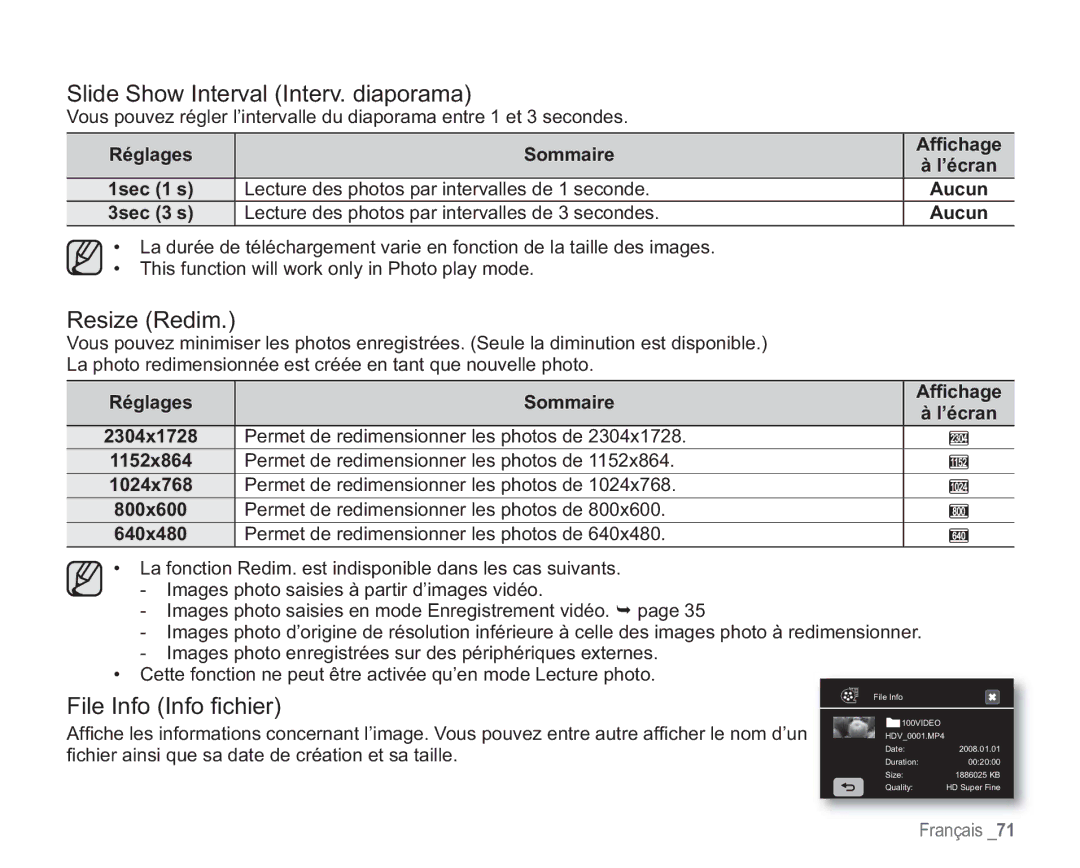 Samsung VP-HMX20C/EDC manual Slide Show Interval Interv. diaporama, Resize Redim, File Info Info ﬁ chier 