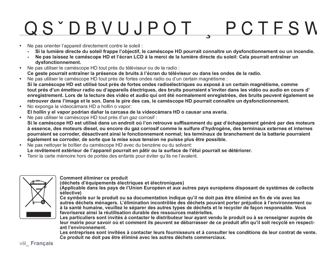 Samsung VP-HMX20C/EDC manual Ne pas orienter l’appareil directement contre le soleil 