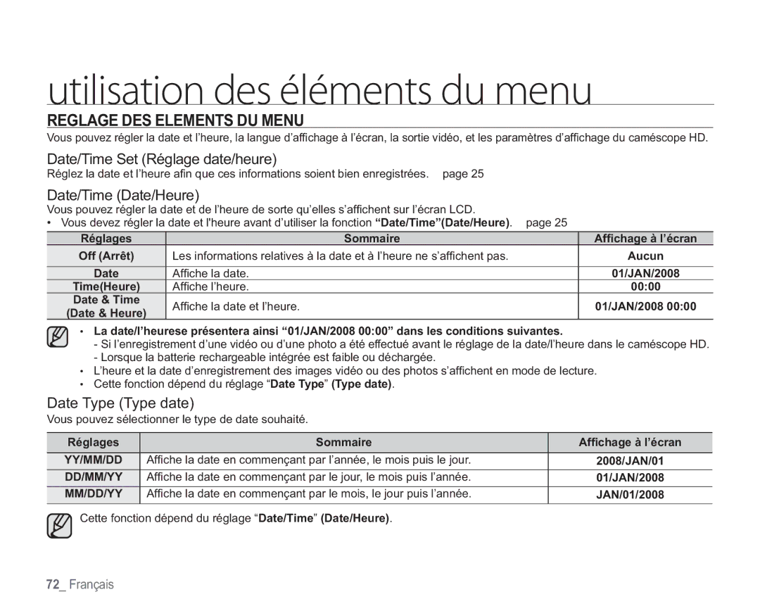 Samsung VP-HMX20C/EDC manual Reglage DES Elements DU Menu, Date/Time Date/Heure 