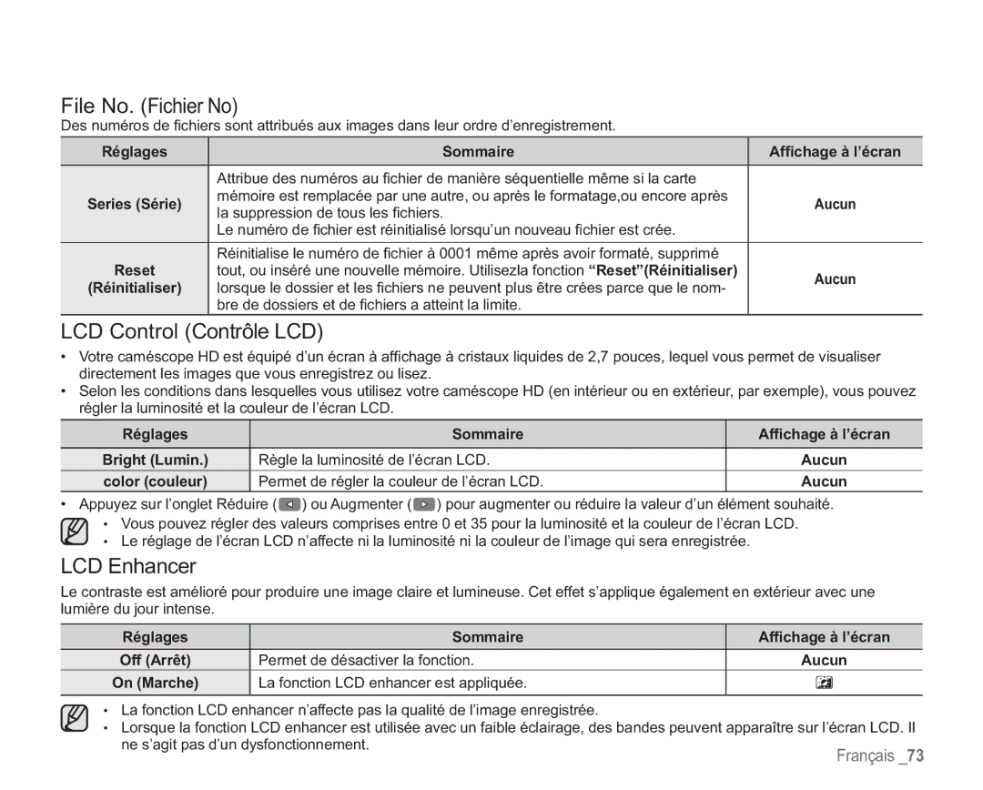 Samsung VP-HMX20C/EDC manual File No. Fichier No, LCD Control Contrôle LCD, LCD Enhancer 