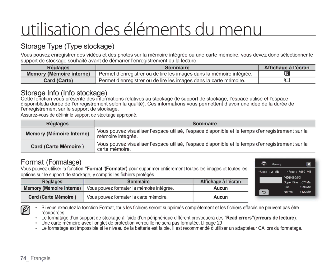 Samsung VP-HMX20C/EDC manual Storage Type Type stockage, Storage Info Info stockage, Format Formatage 