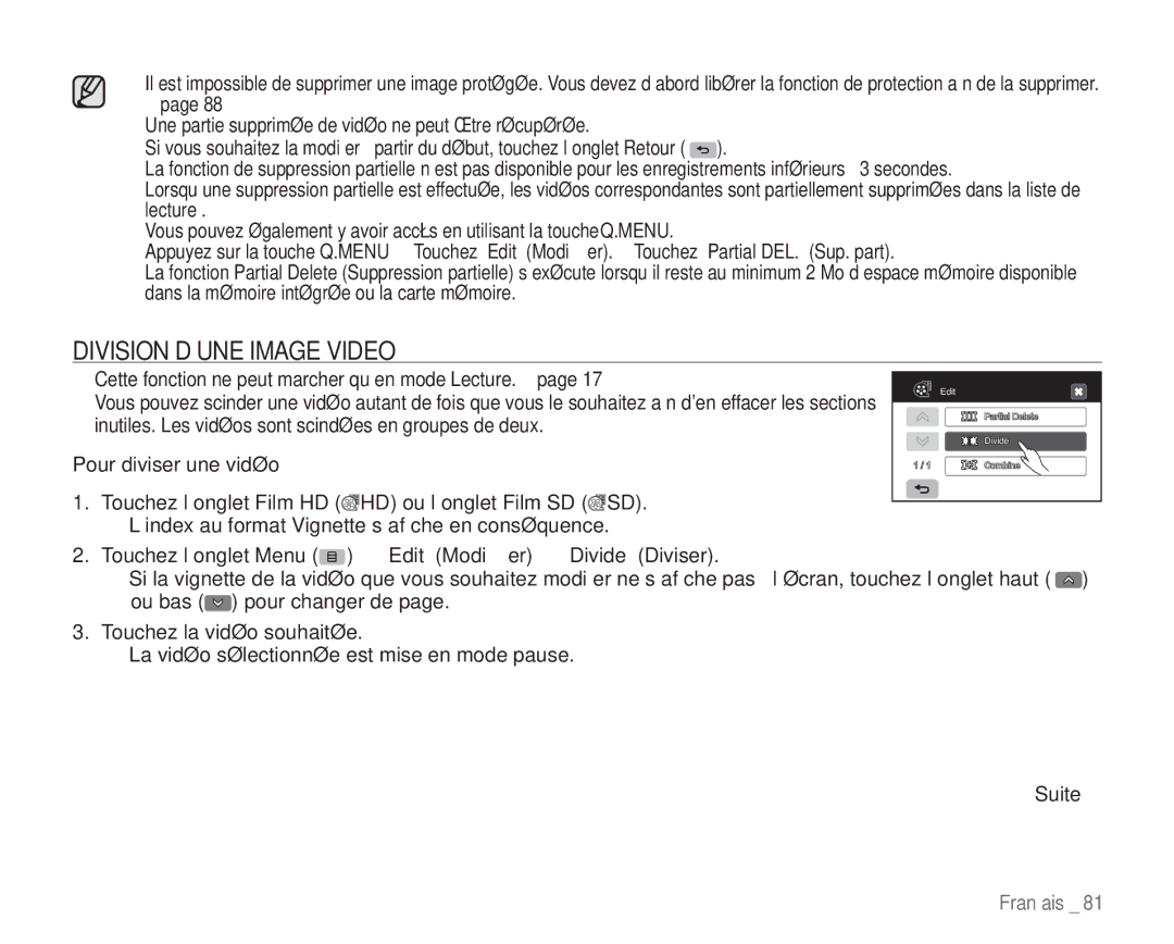 Samsung VP-HMX20C/EDC manual Division D’UNE Image Video, Pour diviser une vidéo 