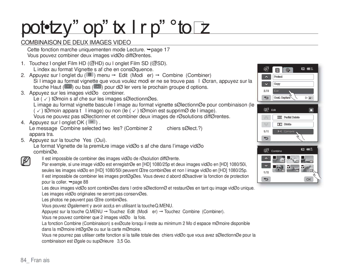 Samsung VP-HMX20C/EDC manual Combinaison DE Deux Images Video, Menu EditModiﬁer Combine Combiner 