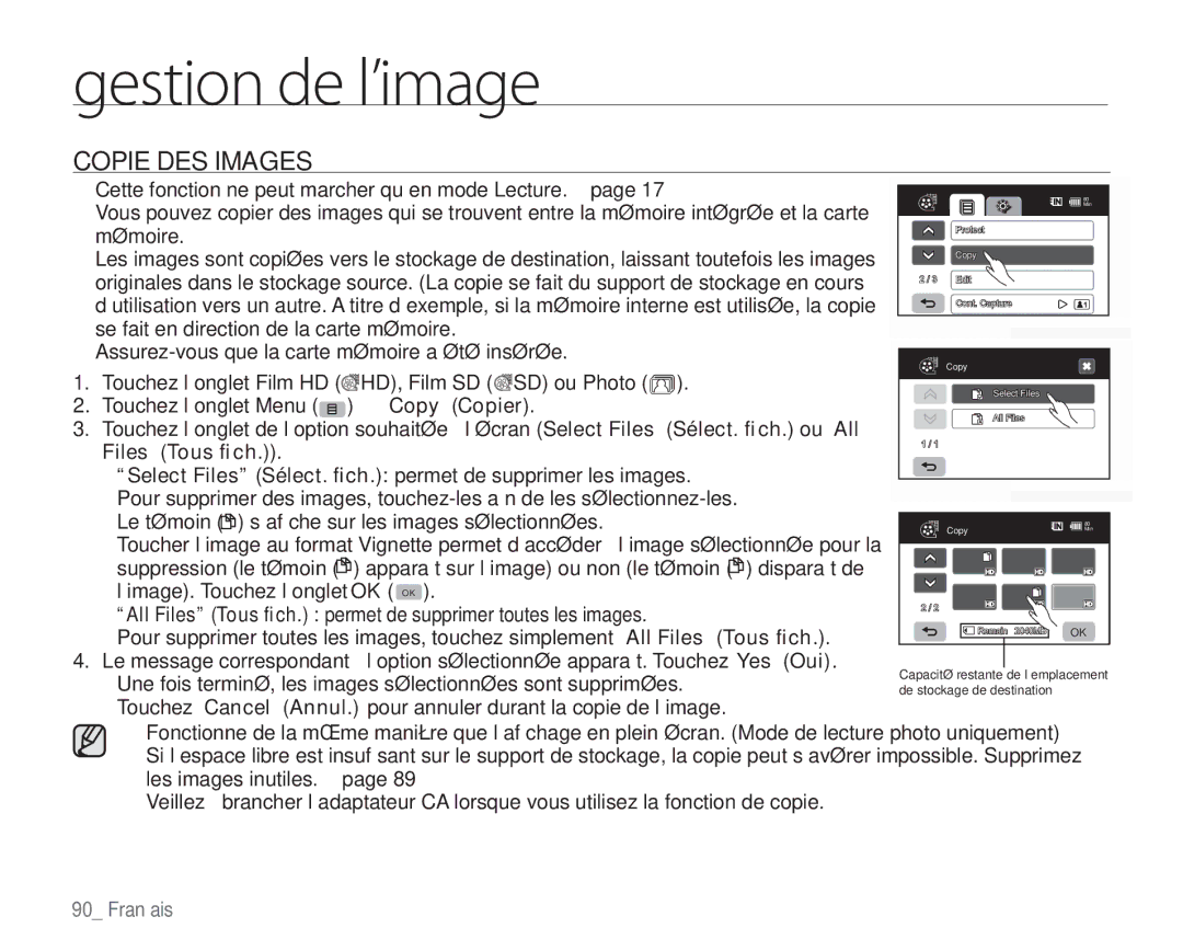 Samsung VP-HMX20C/EDC manual Copie DES Images, Touchez l’onglet Film HD HD, Film SD SD ou Photo 