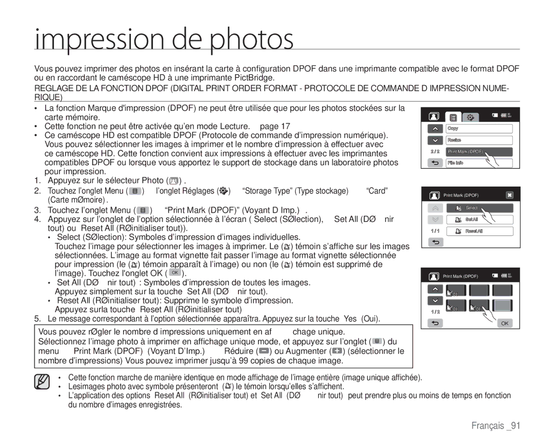 Samsung VP-HMX20C/EDC manual JnqsfttjpoEfQipupt, Touchez l’onglet Menu Print Mark Dpof Voyant D’Imp 